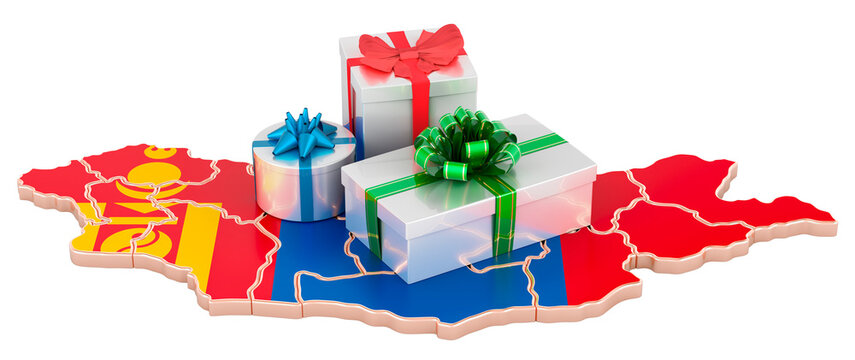 Gift Boxes On The Mongolian Map. Christmas And New Year Holidays In Mongolia Concept. 3D Rendering