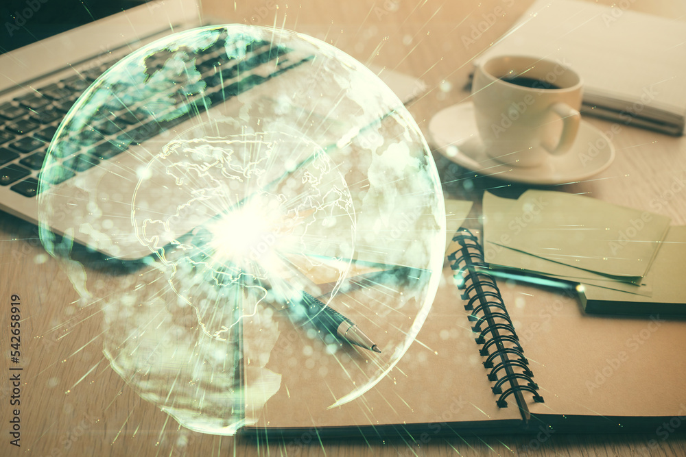 Poster double exposure of business theme drawing and desktop with coffee and items on table background. con