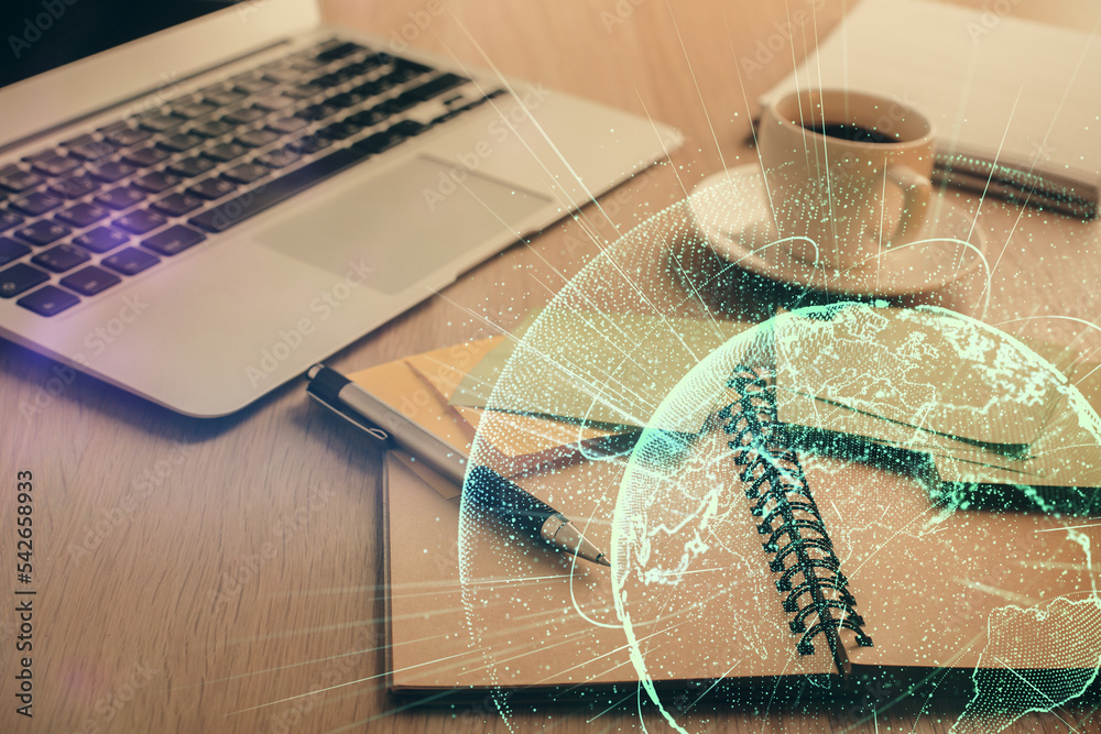 Poster Double exposure of social network drawing and desktop with coffee and items on table background. Concept of international connection.