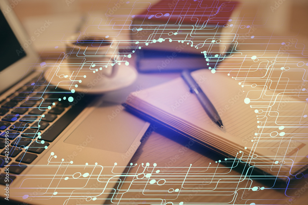Aufkleber Double exposure of technology theme drawing and desktop with coffee and items on table background. Concept of data research.