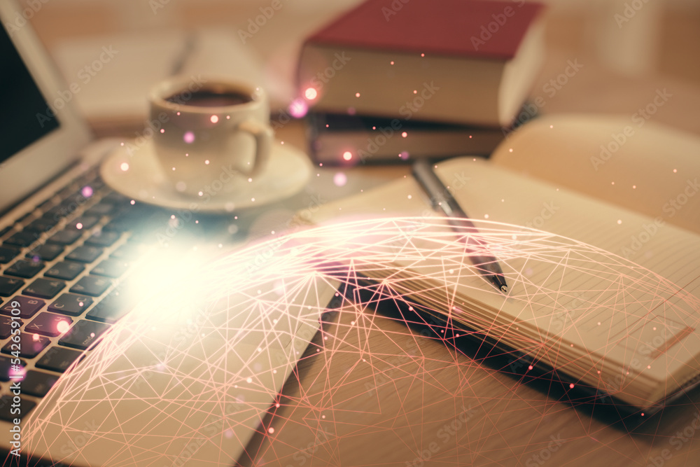 Poster Double exposure of social network drawing and desktop with coffee and items on table background. Concept of international connection.