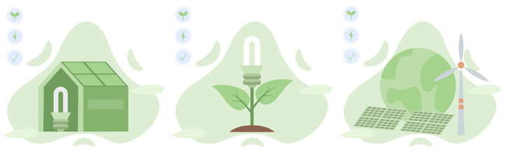 Fototapeta Sustainability illustration set. ESG.  Characters reduce energy consumption at home, unplug appliances and use energy saving light bulb. Green electricity and power save concept. Vector illustration. obraz