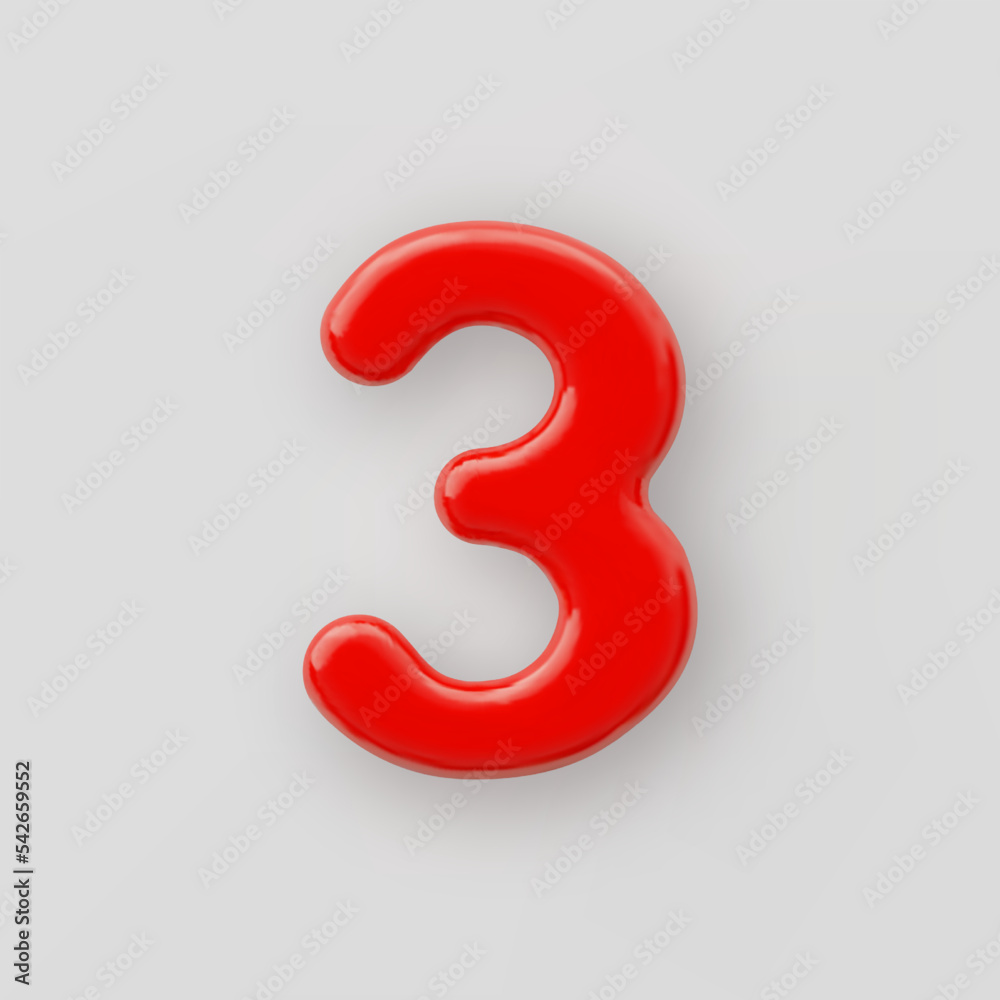 Fototapete 3d red plastic number 3 with a glossy surface on a gray background.
