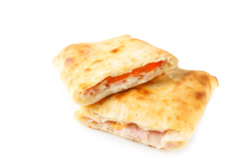 Food photography of pie with ham, paprika and cheese