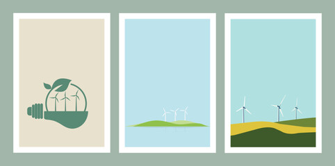 Wind turbines, wind energy, wind power. Clean Environment, Eco Renewable Energy. Vector illustration.