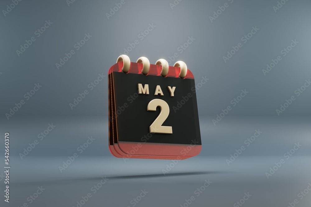Poster standing black and red month lined desk calendar with date may 2. modern design with golden elements