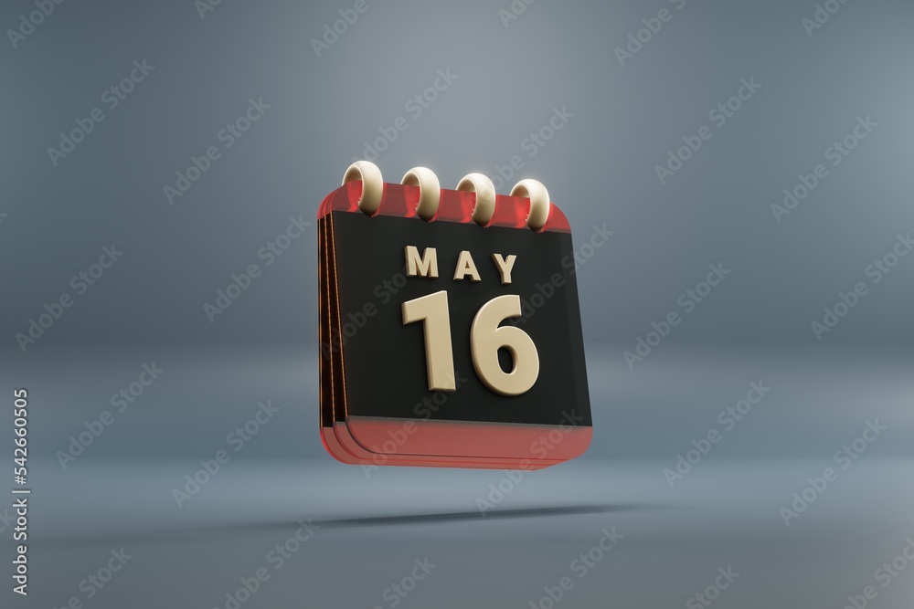 Poster Standing black and red month lined desk calendar with date May 16. Modern design with golden elements, 3d rendering illustration. Blue gray background..