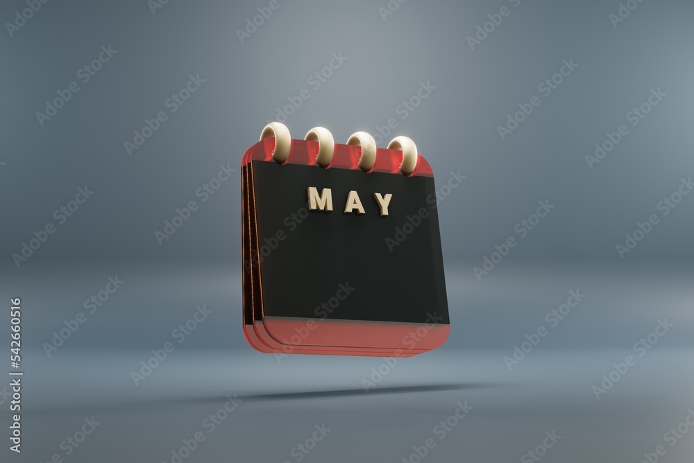 Poster Standing black and red month lined desk calendar with date May. Modern design with golden elements, 3d rendering illustration. Blue gray background..