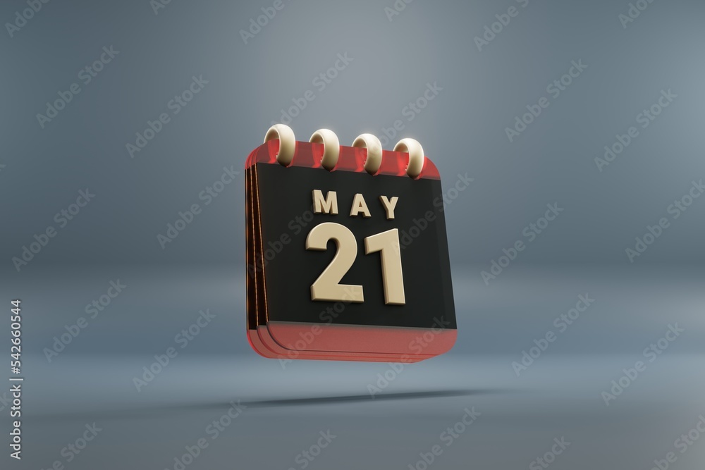 Poster Standing black and red month lined desk calendar with date May 21. Modern design with golden elements, 3d rendering illustration. Blue gray background..