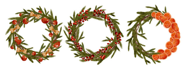 Watercolor Christmas wreaths set. Winter round frames with spruce branches, red berries, dried orange slices, ribbon bows isolated on white background. Merry Christmas design for cards, invitations
