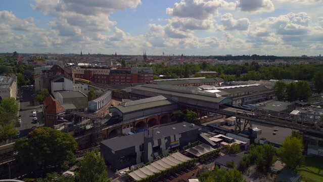 2 trains go to the subway cross station. Beautiful aerial view flight berlin