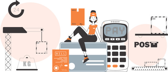 A woman sits on a bank card and holds a parcel. The concept of the delivery of goods and parcels. Linear style.