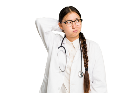 Young doctor asian woman isolated touching back of head, thinking and making a choice.