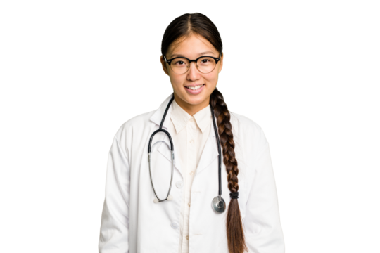Young doctor asian woman isolated happy, smiling and cheerful.