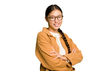 Young Asian woman isolated who feels confident, crossing arms with determination.