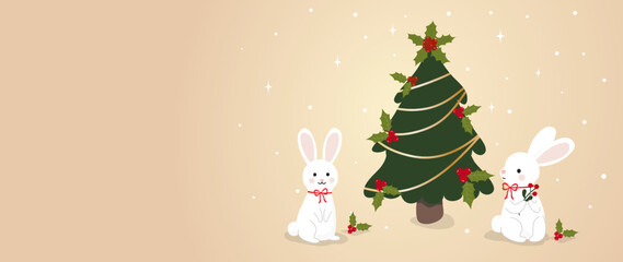 Merry Christmas and Happy New Year vector background. Winter season wallpaper with christmas tree, rabbits, snow. Winter season design for greeting card, advertisement, cover, banner, invitation.