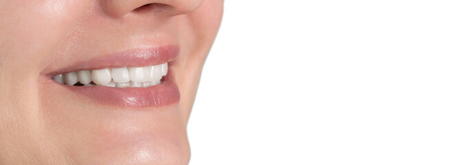 Beautiful smile of a young woman with healthy white teeth. Dental care. Dentistry, teeth whitening,...