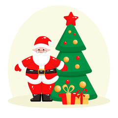 Cute Santa Claus on the background of Christmas tree with gifts. Vector Christmas flat illustration of Santa and gifts.