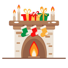 Vector illustration of a Christmas fireplace with gifts. Cozy Christmas illustration in flat style.