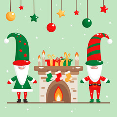 Vector illustration of Christmas gnomes by the fireplace. Cute Scandinavian gnomes for Christmas. Cozy Christmas illustration in flat style.