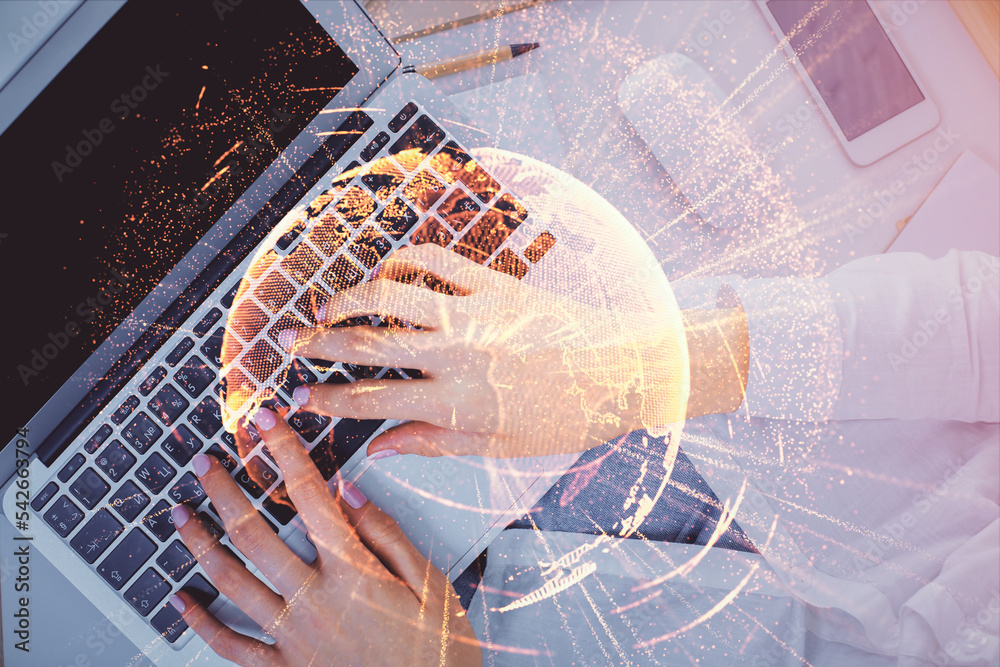 Poster double exposure of woman hands working on computer and social network theme hologram drawing. top vi