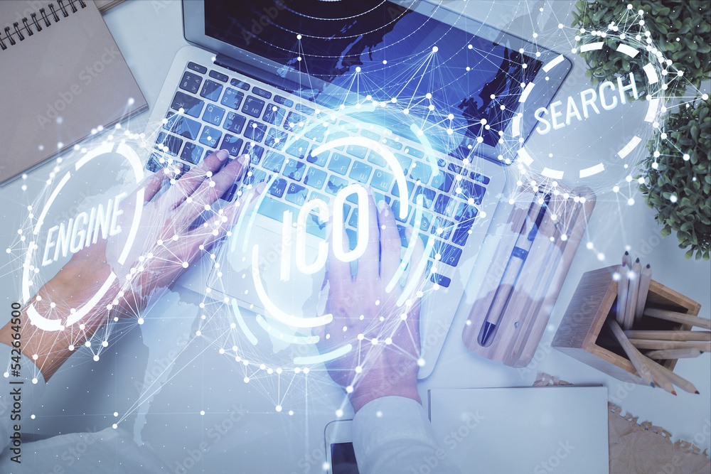 Poster double exposure of woman hands working on computer and blockchain theme hologram drawing. top view. 