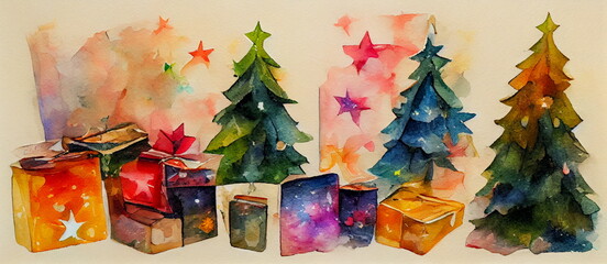 Christmas banners of Christmas trees with stars and gifts. Watercolor illustration for book, cover and print