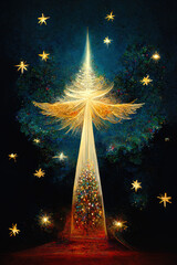 Christmas Eve descend on earth, peace of Christmas, love of Christmas, illustration, coming together under the light, starry night