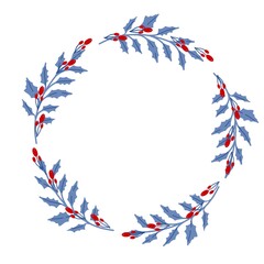 Fototapeta premium Winter wreath with blue branches and berries. Design for Holidays invitation, greeting card, poster, packaging, print.