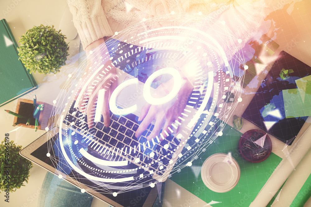 Poster double exposure of woman hands working on computer and blockchain theme hologram drawing. top view. 