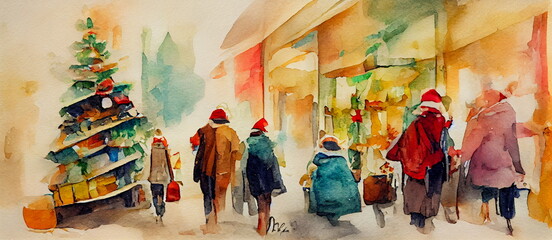 Christmas shopping with people and lifestyle activities in colors. Festive shopping Watercolor illustration of impressionist painting