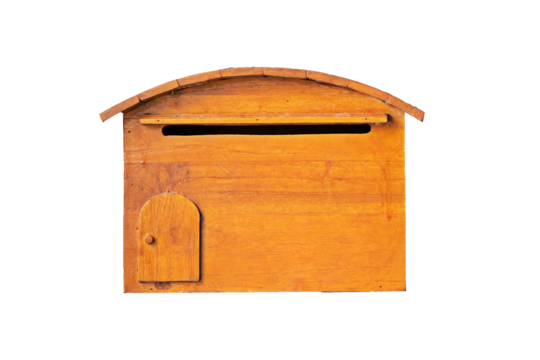 A brown wooden post box is used for delivering documents or mail on the front wall or white background door.