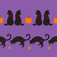 Halloween Black Cats Vector Seamless Horizontal Borders Set