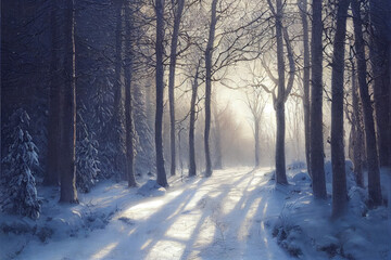 Fototapeta premium Snowy winter forest in the morning digital art
