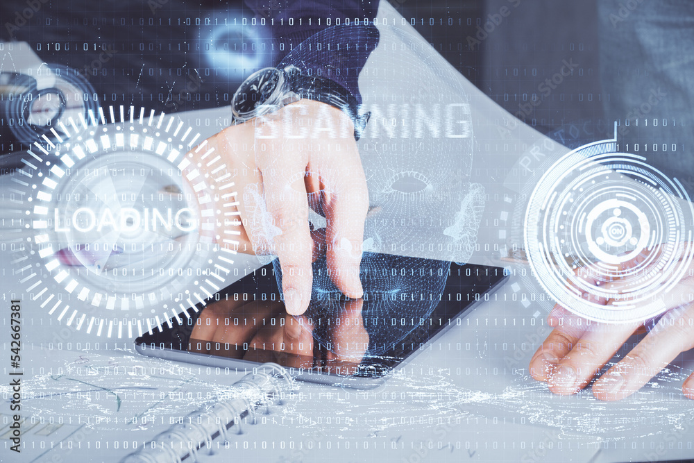 Poster Double exposure of man's hand holding and using a digital device and data theme drawing. Technology concept.
