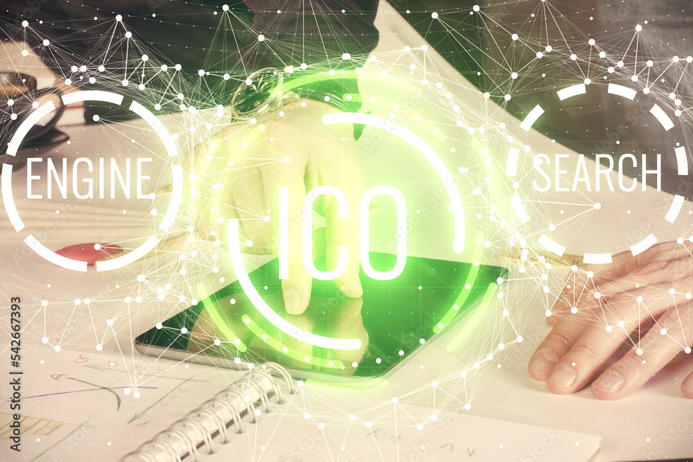 Poster Double exposure of man's hands holding and using a phone and crypto currency blockchain theme drawing.