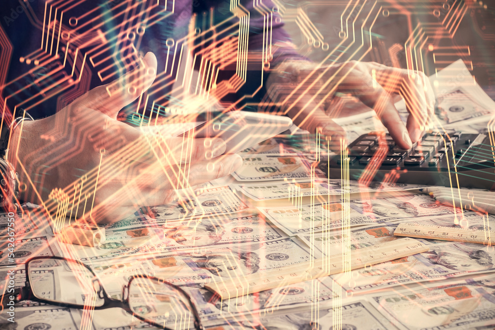Poster Double exposure of man's hands holding and using a digital device and tech theme hologram drawing. Technology concept.