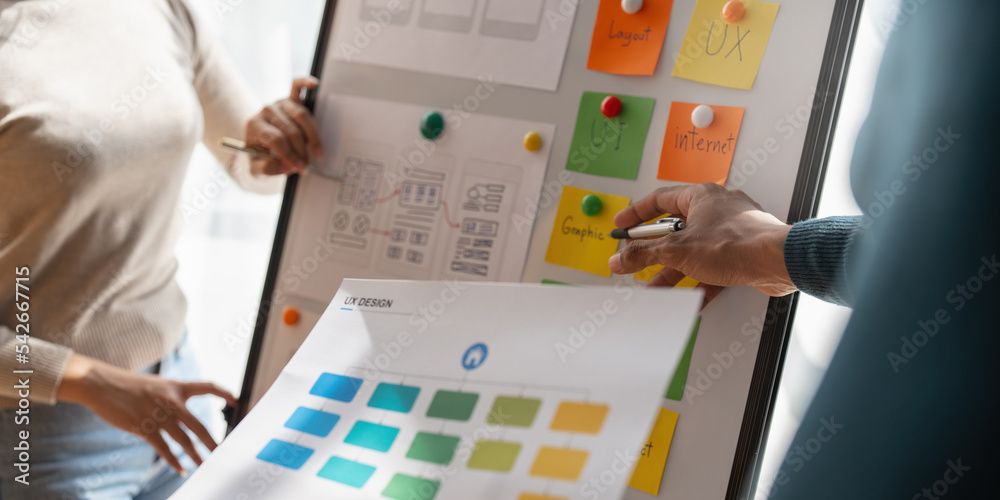 Wall mural group of ux developer and ui designer brainstorming about app interface design at modern office. cre