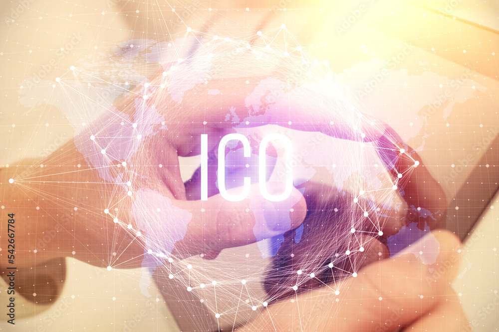 Poster Double exposure of man's hands holding and using a phone and crypto currency blockchain theme drawing.