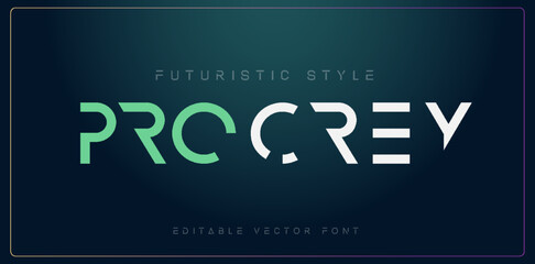 Procrey text abstract digital modern alphabet font template on dark green background. Typography technology electronic, sport, music, future creative font. vector illustraion