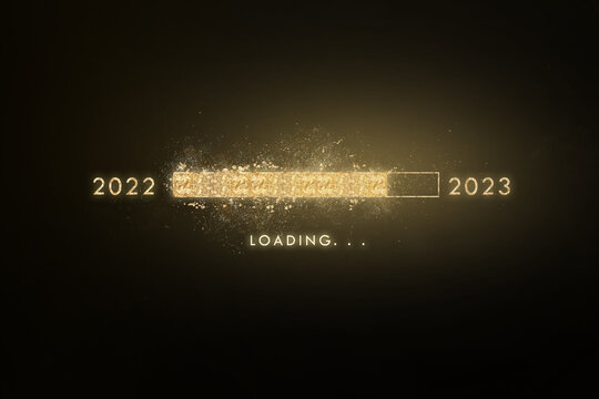 Gold progress bar loading 2022 to 2023 on black background.
