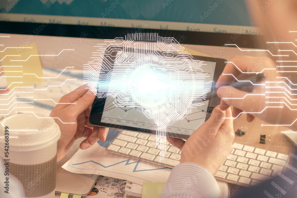 Poster Double exposure of man's hand holding and using a digital device and brain hologram drawing. Data concept.