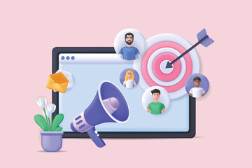 Realistic concept of SMM scene without people in 3D cartoon design. Image of a laptop that is used to work with SMM. Vector illustration.