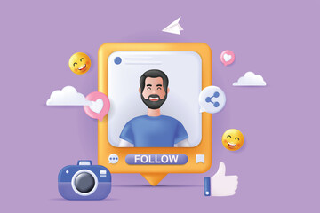 Realistic concept of social media scene with people in 3D cartoon style. Image of the page of one of the subscribers in the social network. Vector illustration.