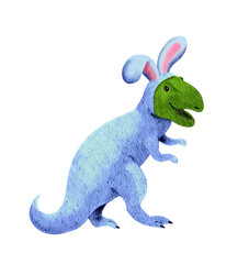 Funny dinosaur in rabbit costume cartoon illustration. Fun humor t rex in hare dress. New year , or Easter watercolor comic tyrannosaur dino in clothes