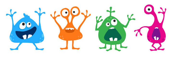 Cartoon monsters with open mouth and funny teeth. Children's monster set. Vector abstract animal, character collection. Halloween cute creatures. Crazy colorful silhouette. Head, face, big eyes, icon. © cheremuha