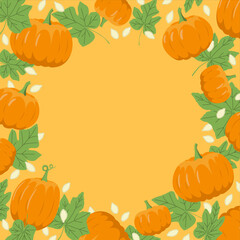 autumn pumpkin frame with leaves and seeds. Flat, vector