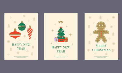 Merry Christmas  set poster. Happy New Year! Minimalistic greeting card, flyer, background. Modern vector design template in flat style.