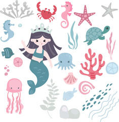 Fototapeta na wymiar Set cute mermaid girls and undersea animals, crab, shells, seaweed and sea stars