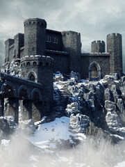 Old medieval castle with a bridge on cliffs covered with snow. 3D render.